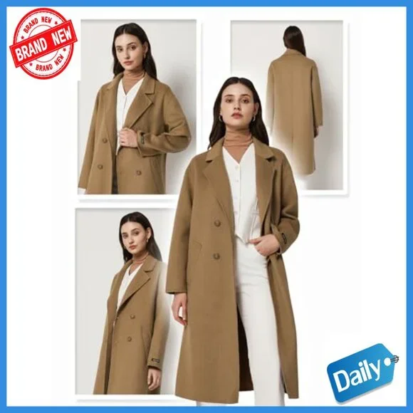 Long Wool Pea Coat Double Breasted Trench Jacket Winter Overcoat Lightweight - Picture 2 of 7